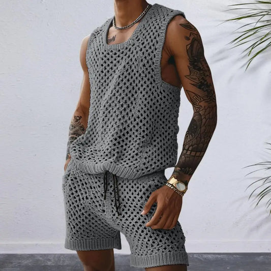 Conjunto de regata e shorts masculino casual sem mangas em malha, com cordão ajustável na cintura e cintura elástica, ideal para uso diário.