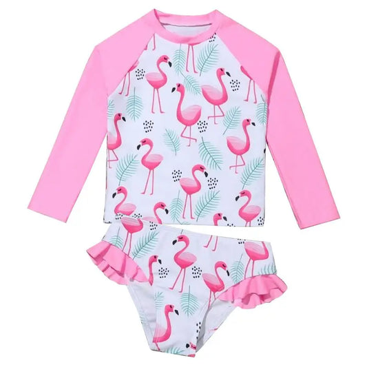Conjunto de biquíni infantil feminino de 2 peças, manga comprida, proteção solar, ideal para o verão, tamanhos de 4 a 7 anos.