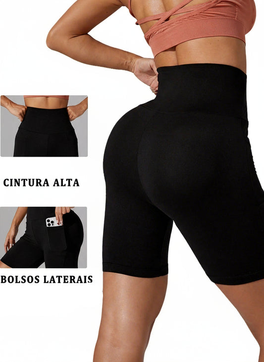 BERMUDA CICLISMO DE CINTURA ALTA COM BOLSOS