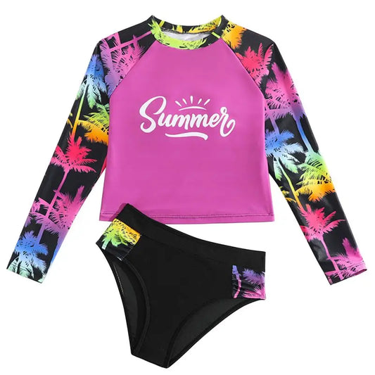 Conjunto de biquíni infantil feminino de 2 peças, manga comprida, proteção solar, ideal para o verão, tamanhos de 4 a 7 anos.