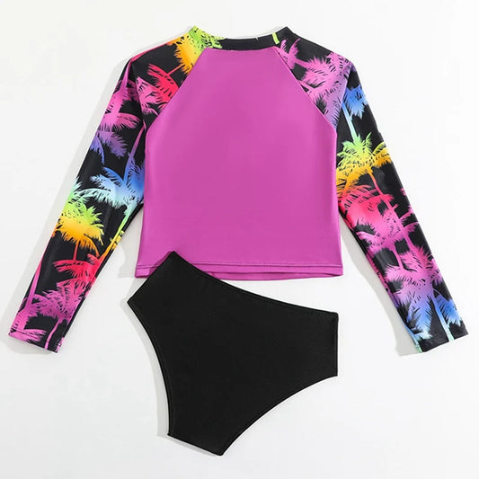 Conjunto de biquíni infantil feminino de 8 a 12 anos, duas peças, com estampa de letras, manga longa e proteção solar para o verão.