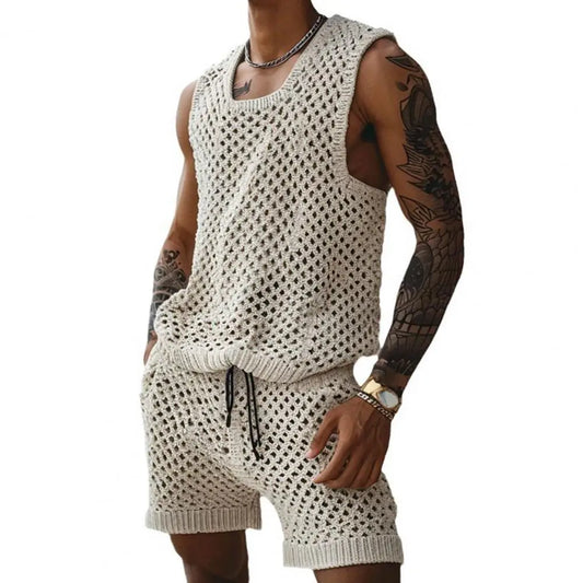 Conjunto de regata e shorts masculino casual sem mangas em malha, com cordão ajustável na cintura e cintura elástica, ideal para uso diário.