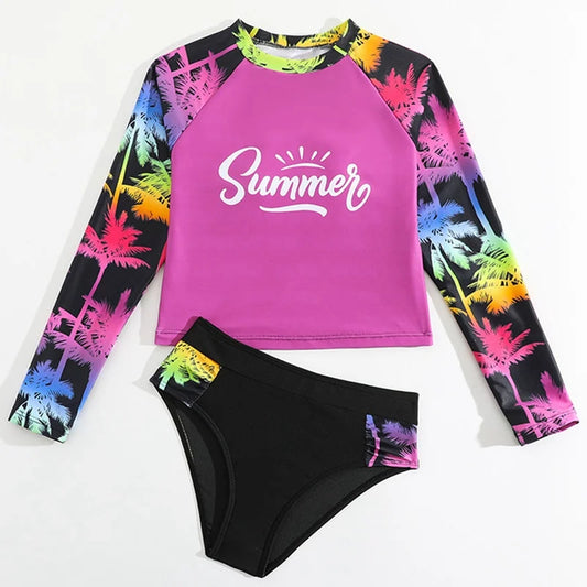 Conjunto de biquíni infantil feminino de 8 a 12 anos, duas peças, com estampa de letras, manga longa e proteção solar para o verão.