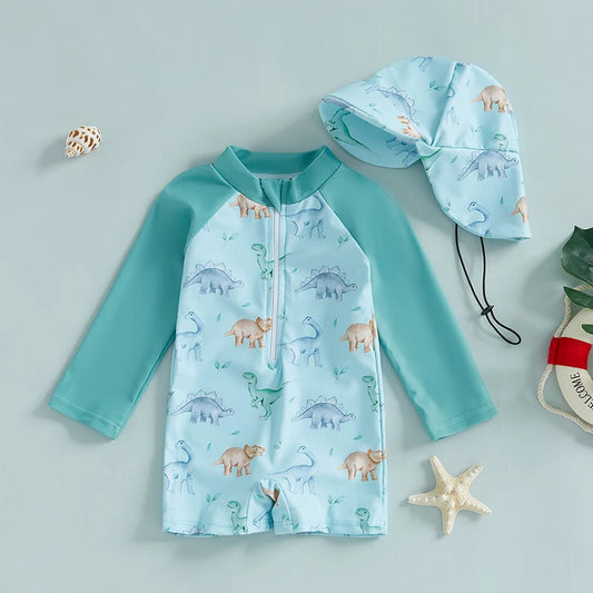 Kids Boys Summer Swimwear Casual Dinosaur/Sea Creature Print Zipper Rash Guard Swimsuit and Hat Beachwear Bathing Suit